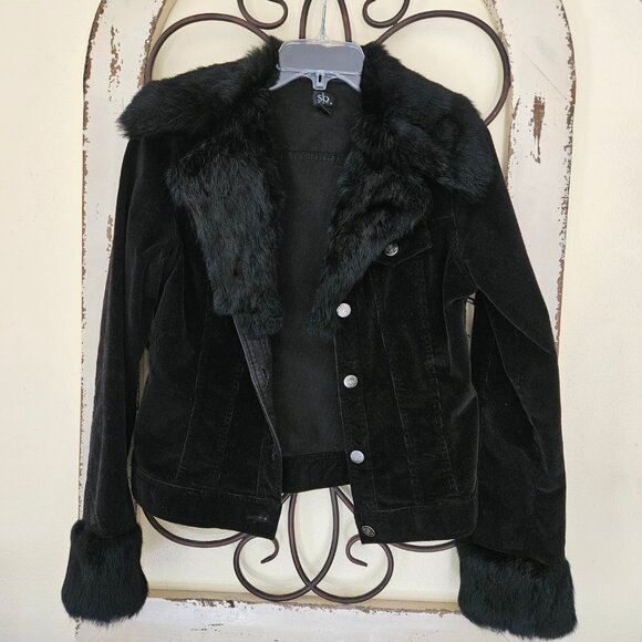 SB Jeans-NWOT Women's Black Rabbit Fur Corduroy Jacket size Small - Picture 6 of 9